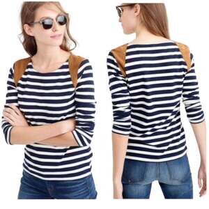 J.Crew Navy White Striped Long Sleeve Suede Shoulder Casual T-Shirt Size XS